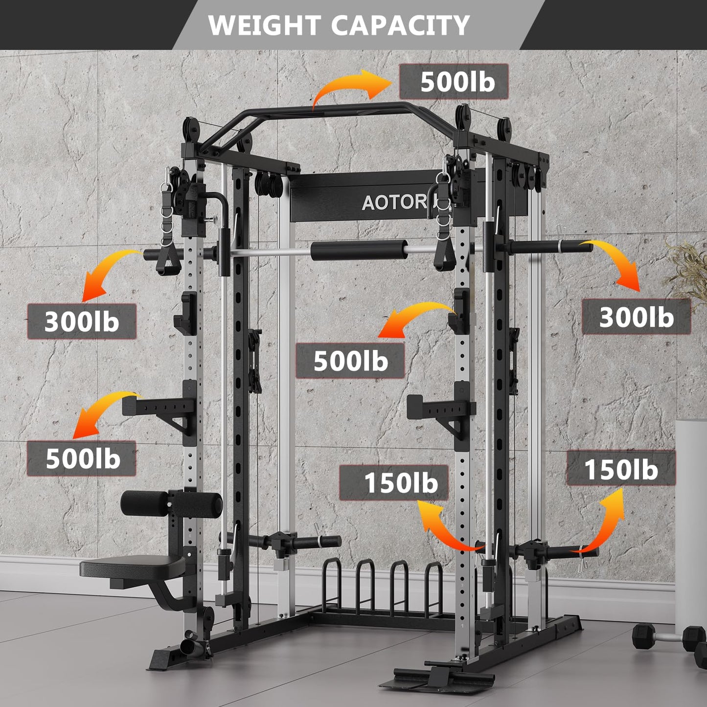 AOTORJAY Smith Machine with 230lbs Weight Plates - All-in-One Home Gym Power Cage with Cable Crossover, LAT Pull-Down, Squat Rack, Leg Press & Training Attachments for Full Body Strength Training