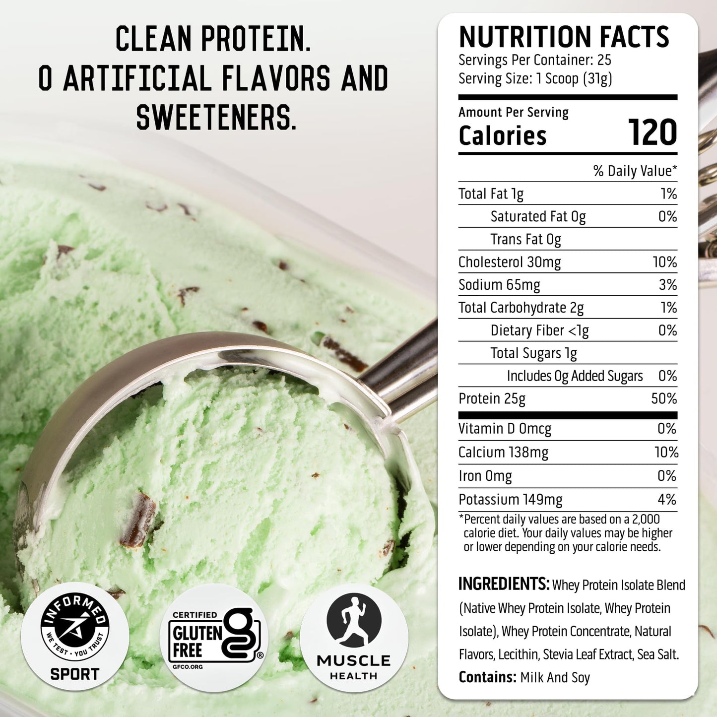 Ascent 100% Whey Protein Powder - Post Workout Whey Protein Isolate, Zero Artificial Flavors & Sweeteners, Gluten Free, 5.5g BCAA, 2.6g Leucine, Military Exclusive, Mint Chocolate Chip 1.7 lb