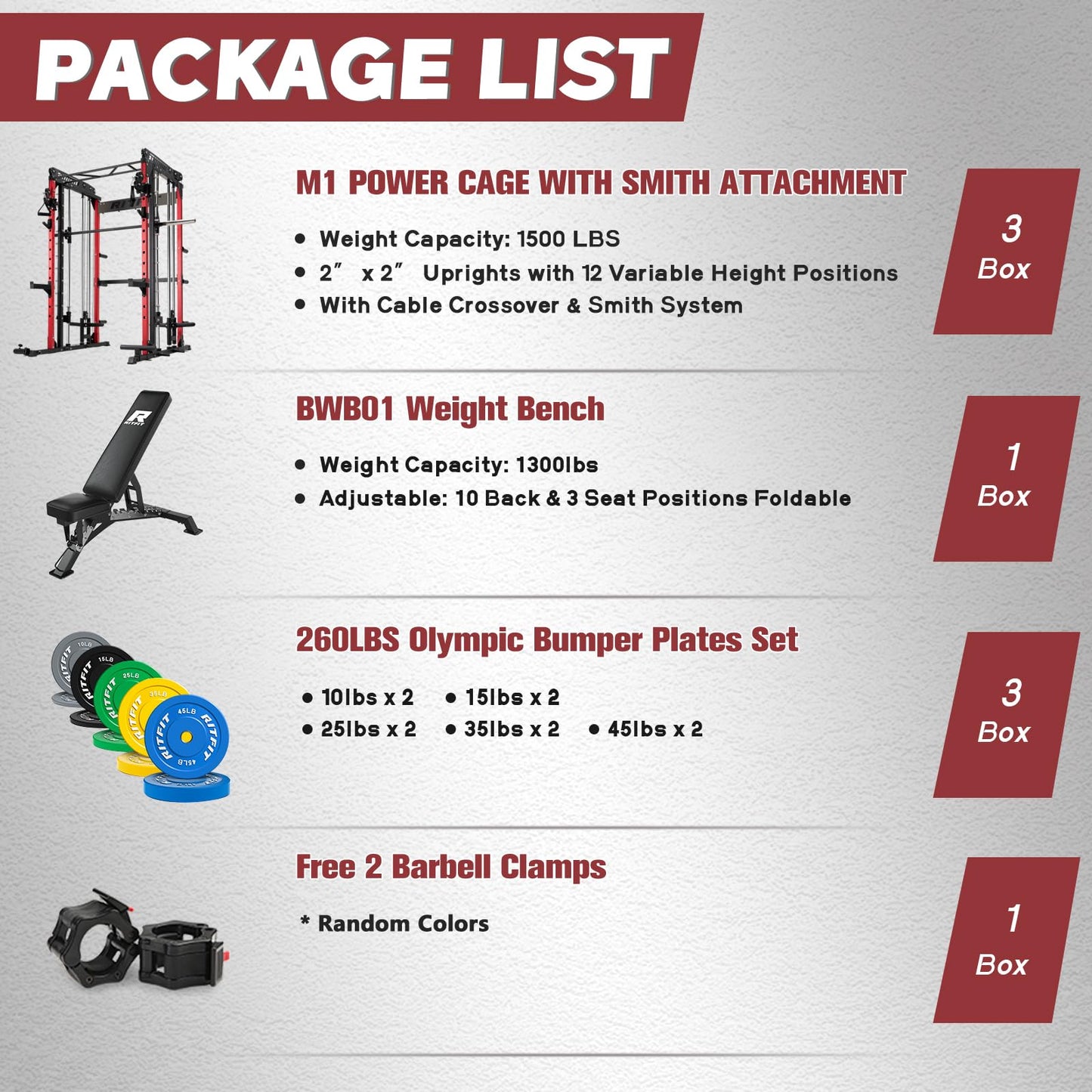 RitFit M1 Smith Machine with Cable Crossover System, Multi-Function Squat Rack Power Cage for Home Gym, Power Rack and Packages (M1 Package (with Color BP 260 LBS), Red)