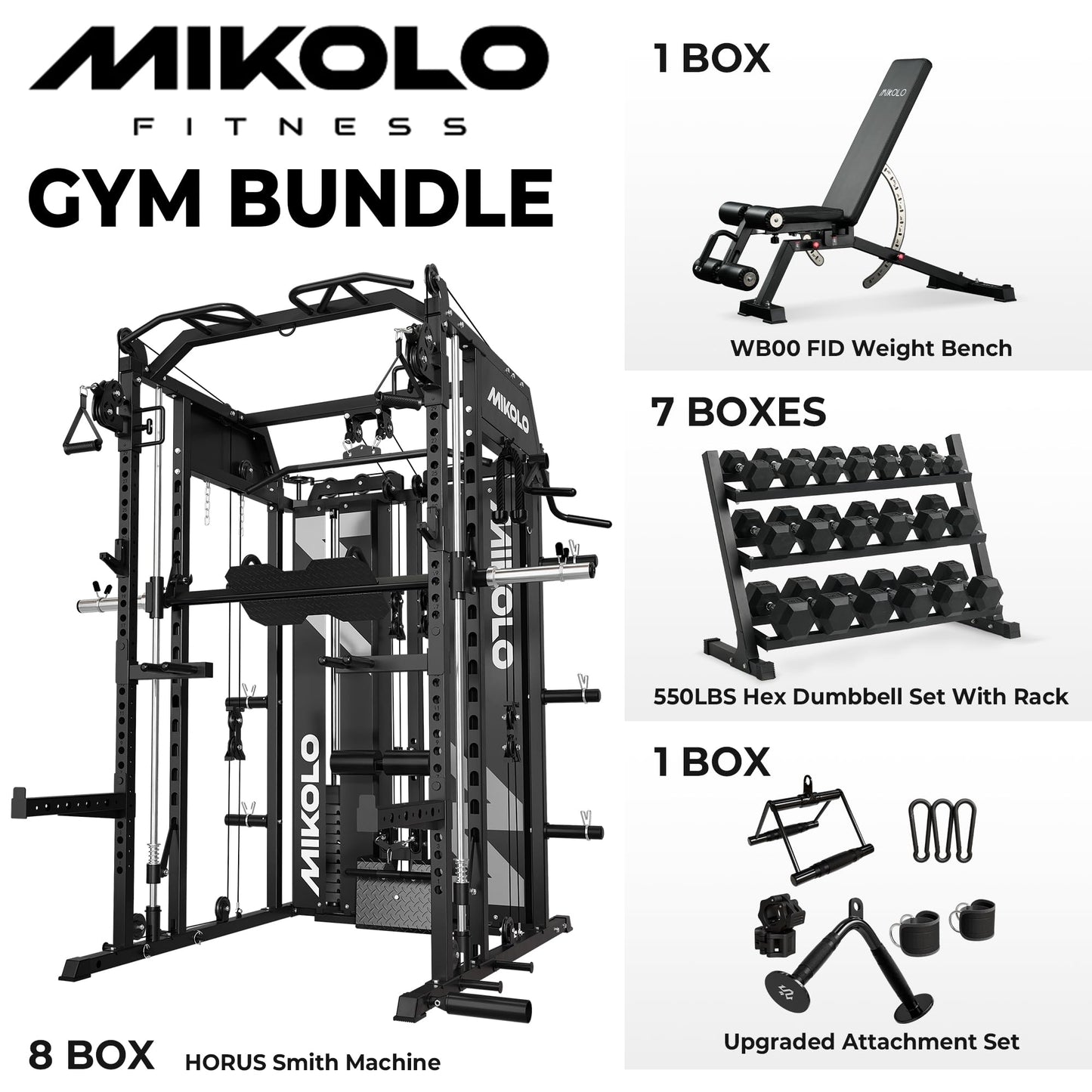 Mikolo Smith Machine with Weight Stack, Power Cage Home Gym System with LAT Pulldown & Cable Crossover, 550LBS Dumbbell Sets with Rack