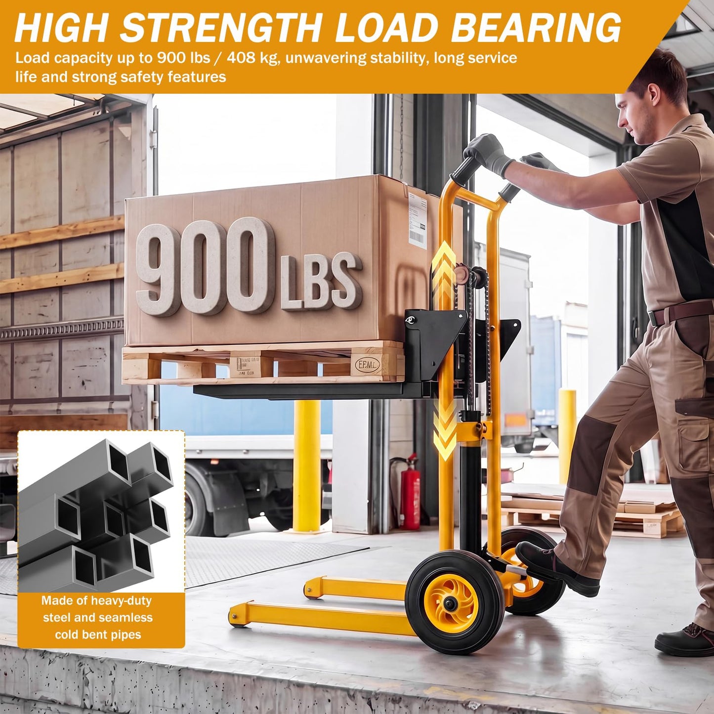 900 Lbs Hydraulic Material Lift Stacker, Heavy Duty Manual Pallet Truck Dolly with Adjustable Forks, 40" Max Lift Height Portable Forklift Table Cart for Warehouse (Yellow)