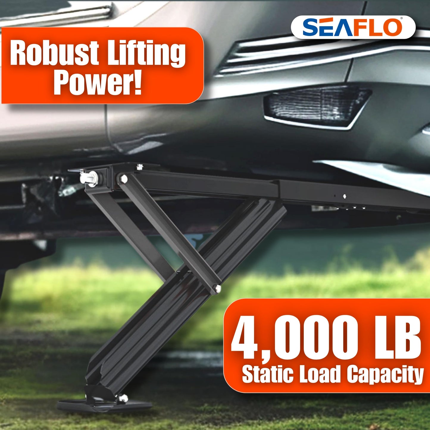 SEAFLO 12V High-Speed Electrical Powered Stabilizing Jack, 4,000 Lbs Static Load Capacity, Heavy-Duty Powder-Coated Steel, Up to 25” Extension, Waterproof Motor, Corrosion-Resistant, 4-Year Warranty