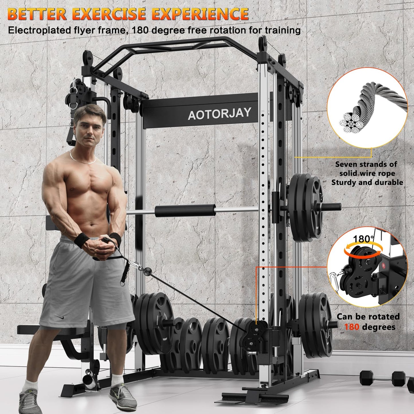 AOTORJAY Smith Machine with 230lbs Weight Plates - All-in-One Home Gym Power Cage with Cable Crossover, LAT Pull-Down, Squat Rack, Leg Press & Training Attachments for Full Body Strength Training