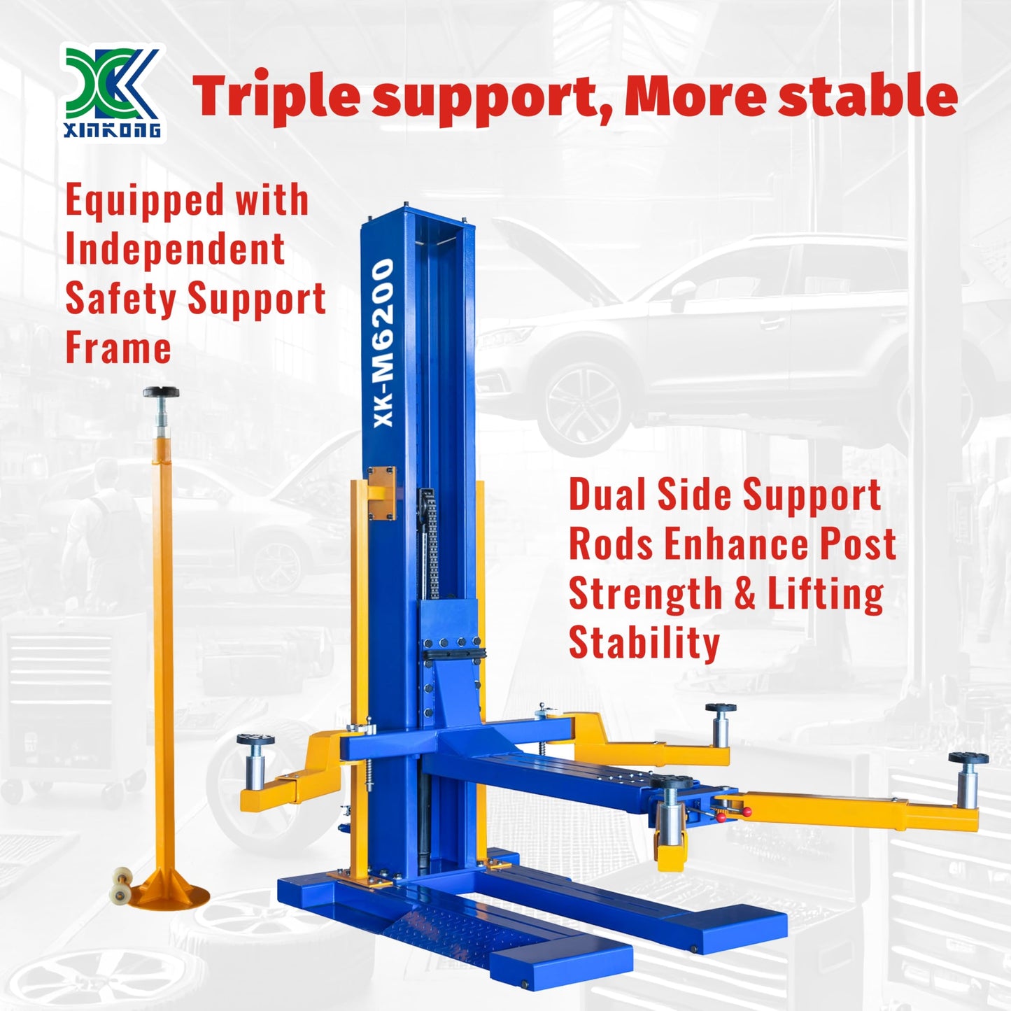 XK-6200-M Mobile Single Post Manually Unlock Lift Maximum Lifting Capacity of 6200 lbs with 12 Months Parts Replacement
