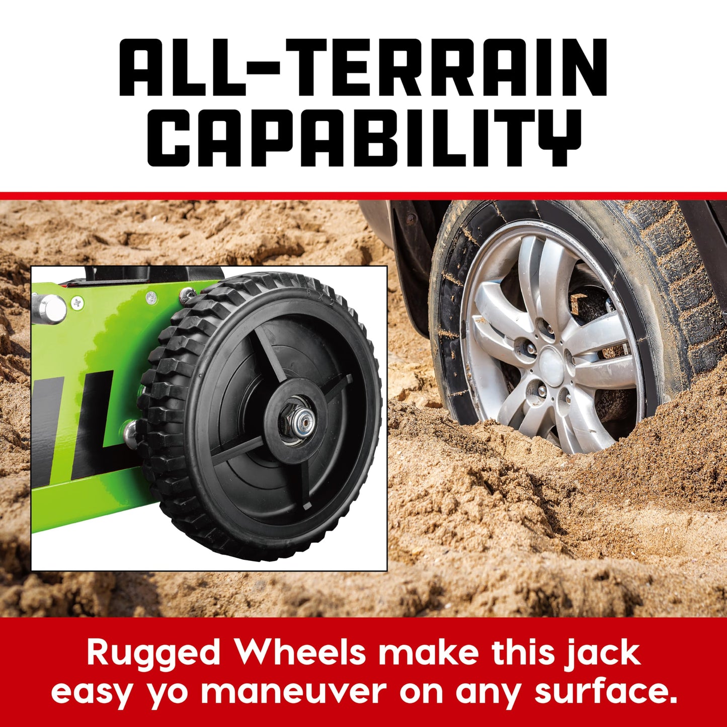 Powerbuilt 2.5 Ton Big Wheel Off Road Jack, Vehicle Lift for Trucks, SUVs, ATVs Offroad Vehicles, Oversized Wheels for Rugged Terrain, 5000 LB Capacity, Green 620624ECE