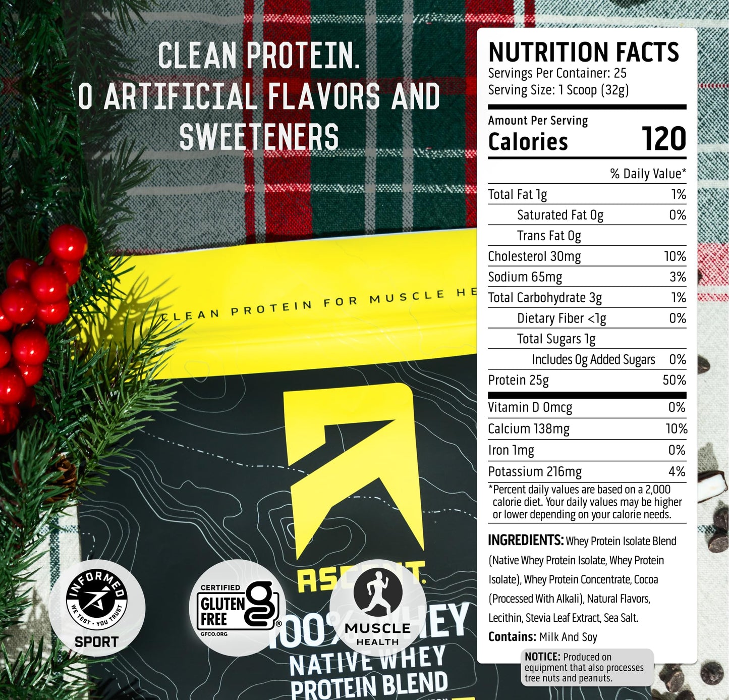 Ascent 100% Whey Protein Powder - Post Workout Whey Protein Isolate, Zero Artificial Flavors & Sweeteners, Gluten Free, 5.5g BCAA, 2.6g Leucine, Peppermint Mocha 1.7 lb