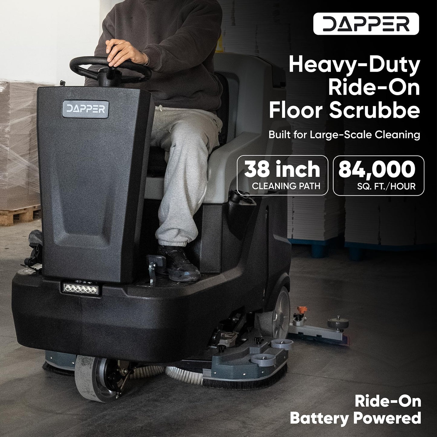 Battery Powered Ride-On Commercial Floor Scrubber Machine, 38" Brush, 48" Squeegee Width, 46 gal Solution Tank, 48 gal Recovery Tank, 5 hr Use 8 hr Charge, 180 RPM, 84,000 Sqft/H, Batteries Included