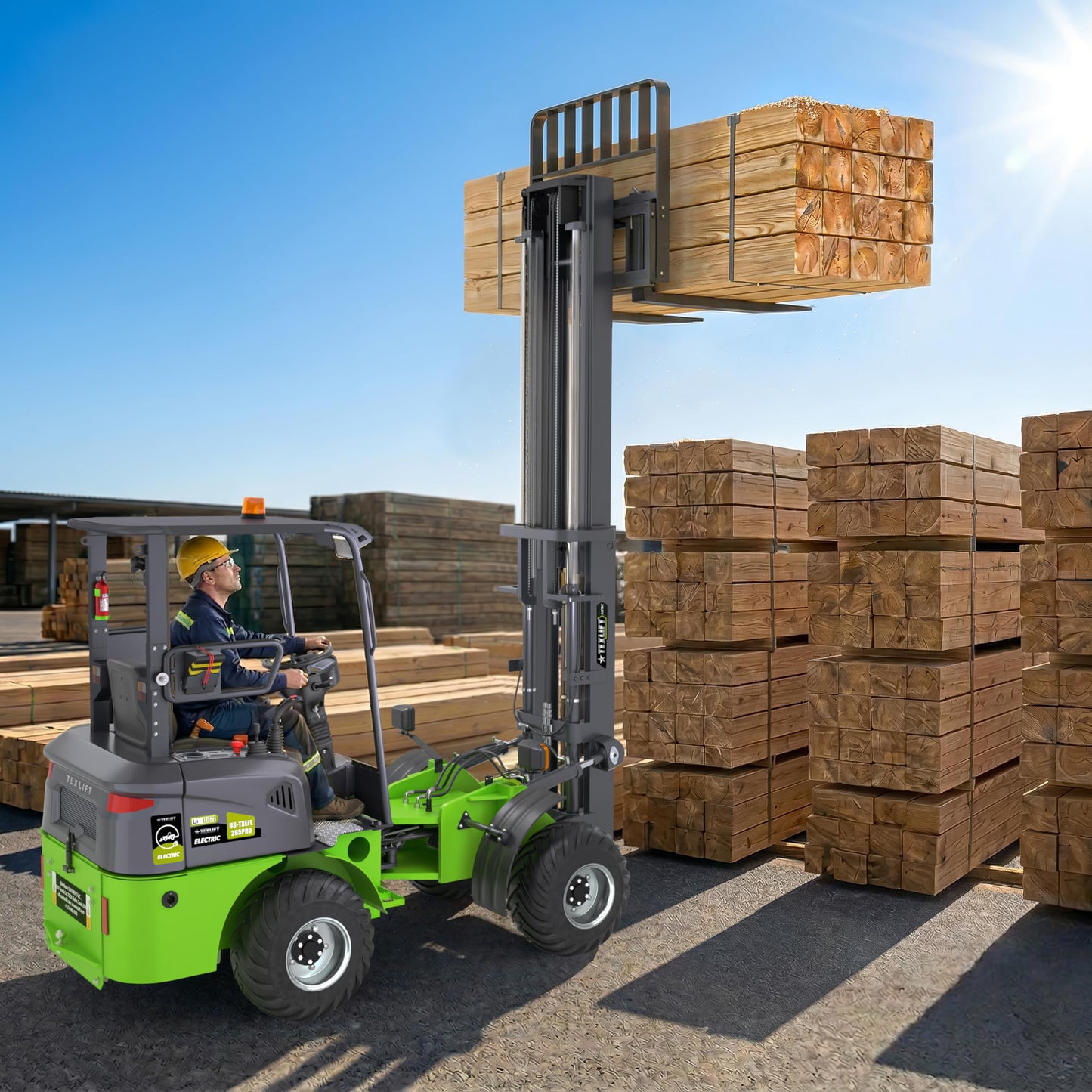 All-Terrain Off-Road Electric Forklift Pallet Stacker - 2650 Lb Capacity, Lithium Battery Powered Lift Truck, 120″ Lift Height, 36″ Forks - Yard, Job Site & Warehouse Use (US-TXEFL265PRO)