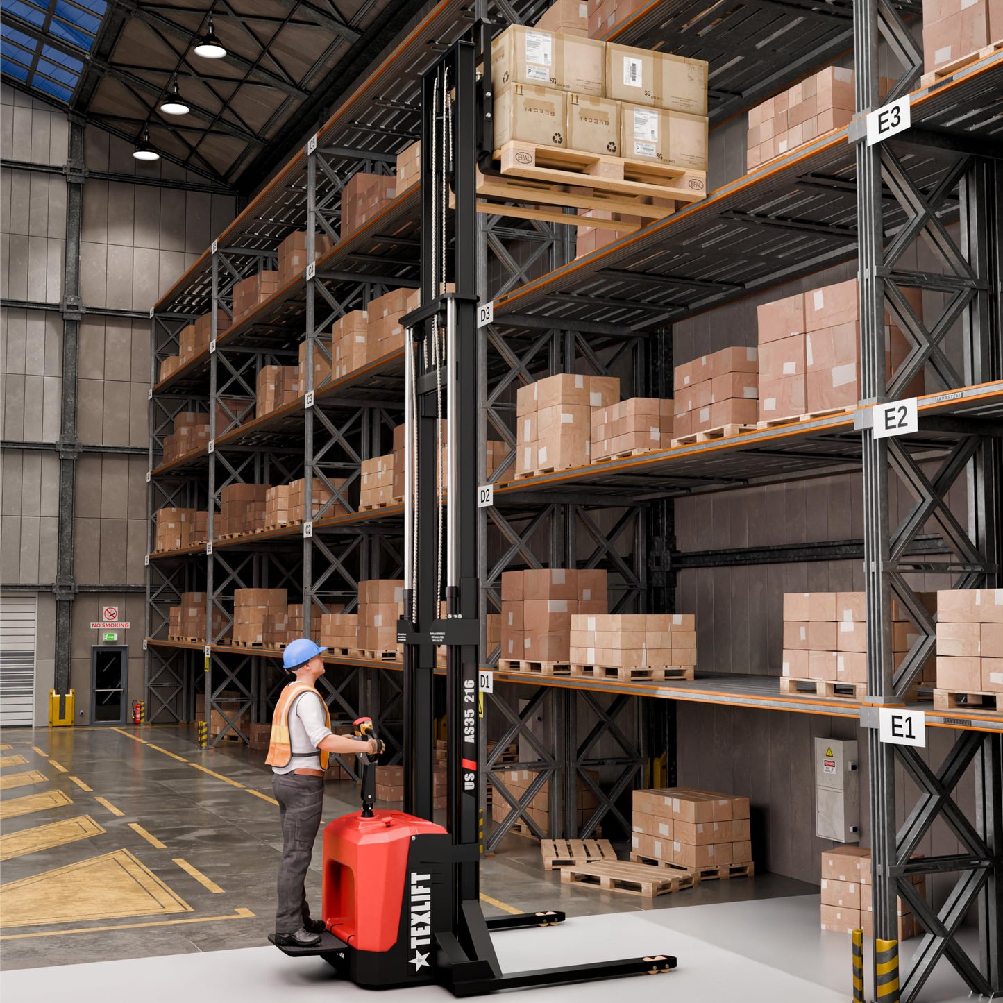 TEXLIFT Full Electric Pallet Stacker with Stand – 3300 lbs Capacity, 216″ Lift Height, Adjustable Forks, Fixed Straddle Legs, Walkie Electric Forklift for Warehouse Material Handling - (US-AS35-216)