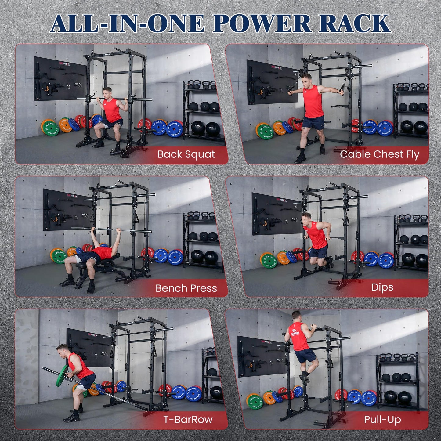 Smith Machine, 5 in 1 Heavy-Duty Squat Rack with Cable Crossover, All-in-One Home Gym Power Rack for Full-Body, Dual 1:1 Pulley System