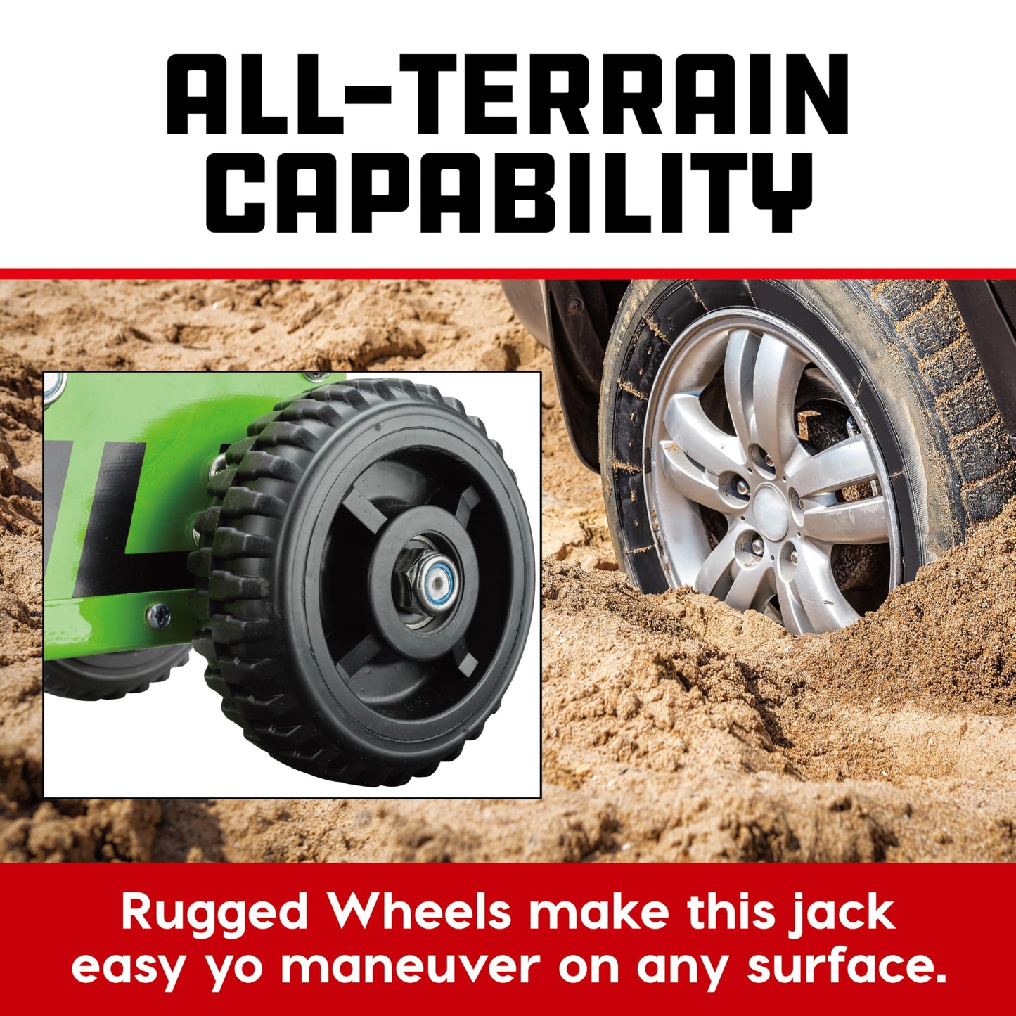 Powerbuilt 1.5 Ton Big Wheel Off Road Jack, Vehicle Lift for Trucks, SUVs, ATVs Offroad Vehicles, Oversized Wheels for Rugged Terrain, 3000 LB Capacity, Green 620628ECE