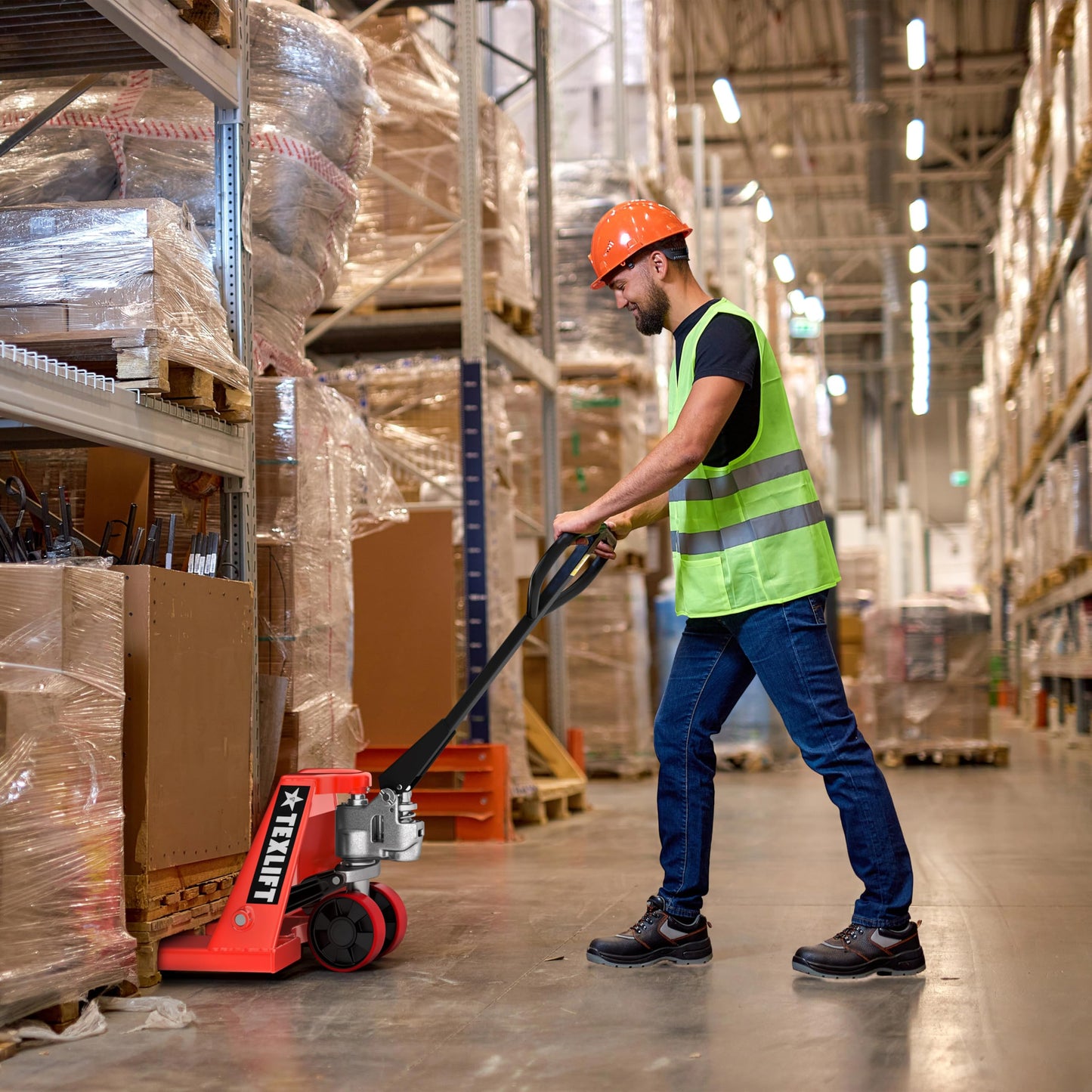 TEXLIFT Industrial Manual Pallet Jack – Standard Duty Pallet Truck 5500 Lb Capacity - 48” L x 27” W Fork Size – Hand Truck for Material Handling - Max Lift Height 8 Inch - (US-PTM55K)