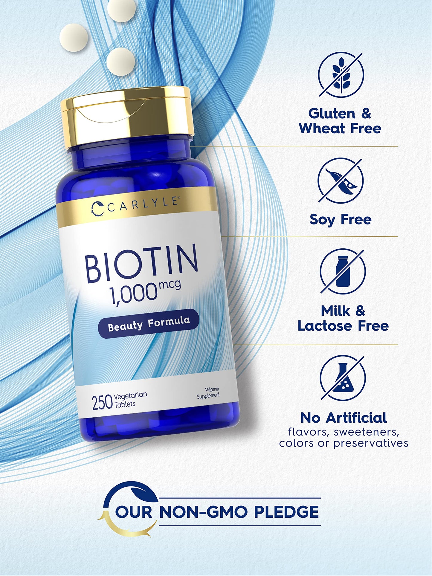 Carlyle Biotin 1000mcg | 250 Vegetarian Tablets | Beauty Formula Supplement | Non-GMO, Gluten Free