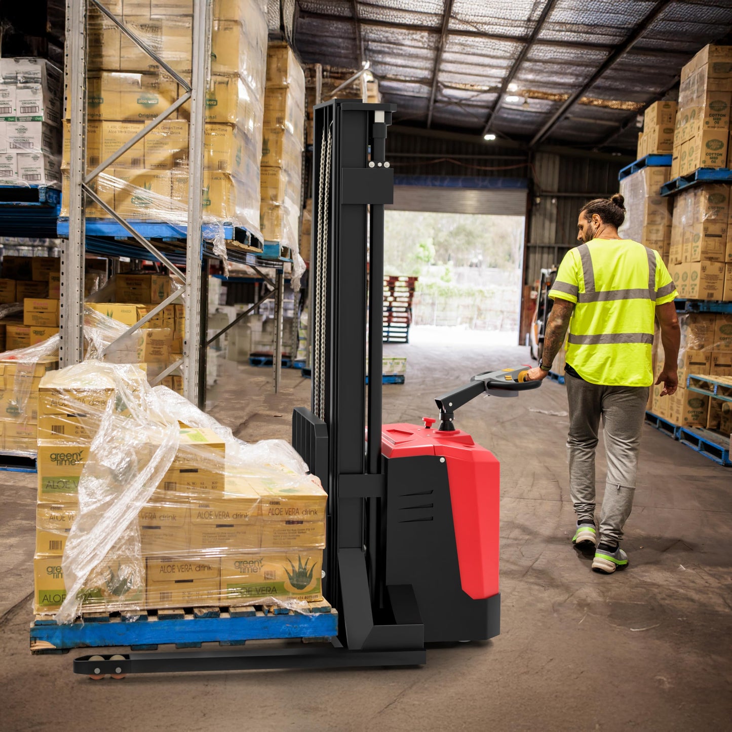 TEXLIFT Full Electric Pallet Stacker with Stand – 3300 lbs Capacity, 216″ Lift Height, Adjustable Forks, Fixed Straddle Legs, Walkie Electric Forklift for Warehouse Material Handling - (US-AS35-216)