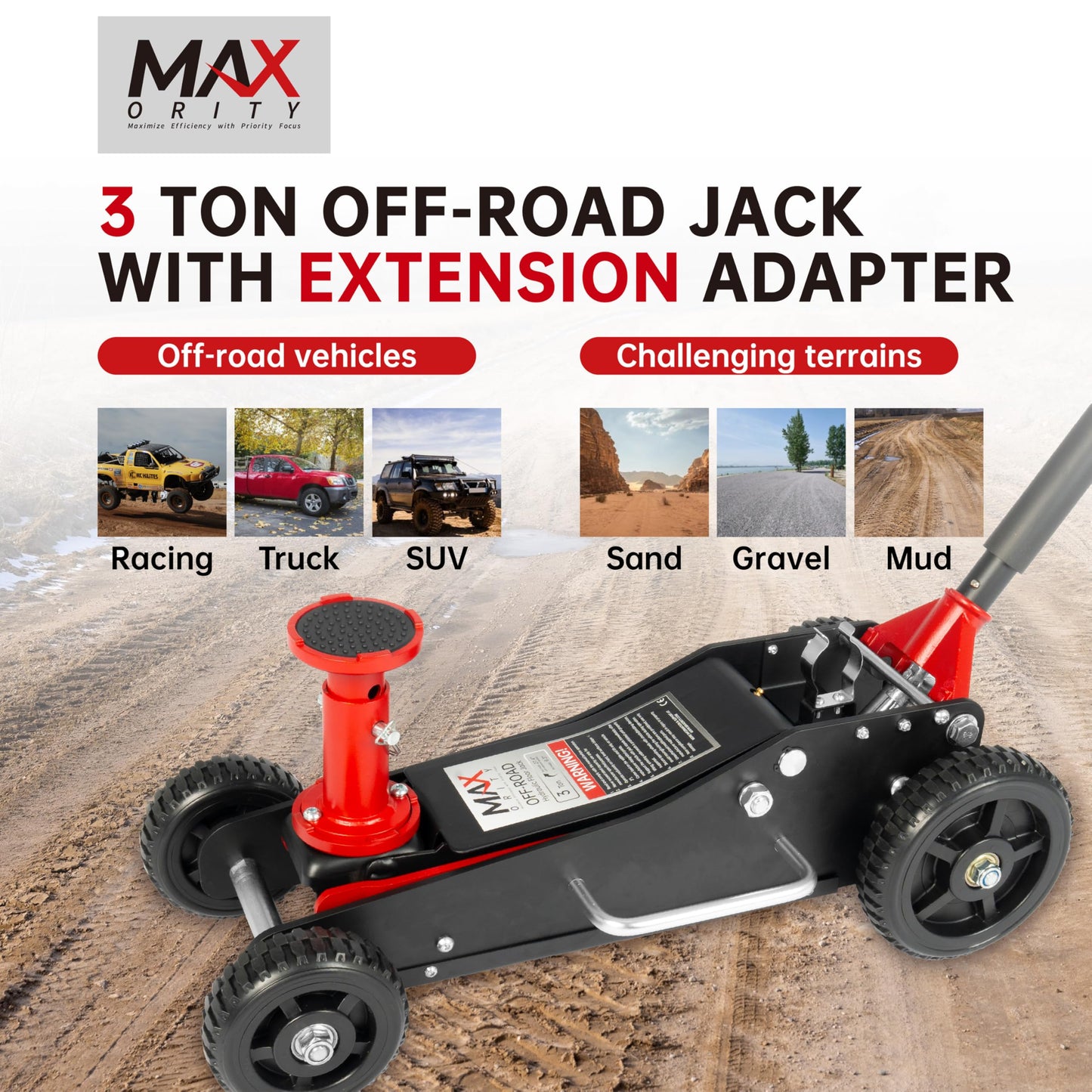 3 Ton (6600 lbs.) Big Wheel Dual Pistons Heavy-Duty Steel Construction Off-Road Jack, Hydraulic Car Jack with Extra Adjustable Height Saddle, for Trucks, SUVs, ATVs
