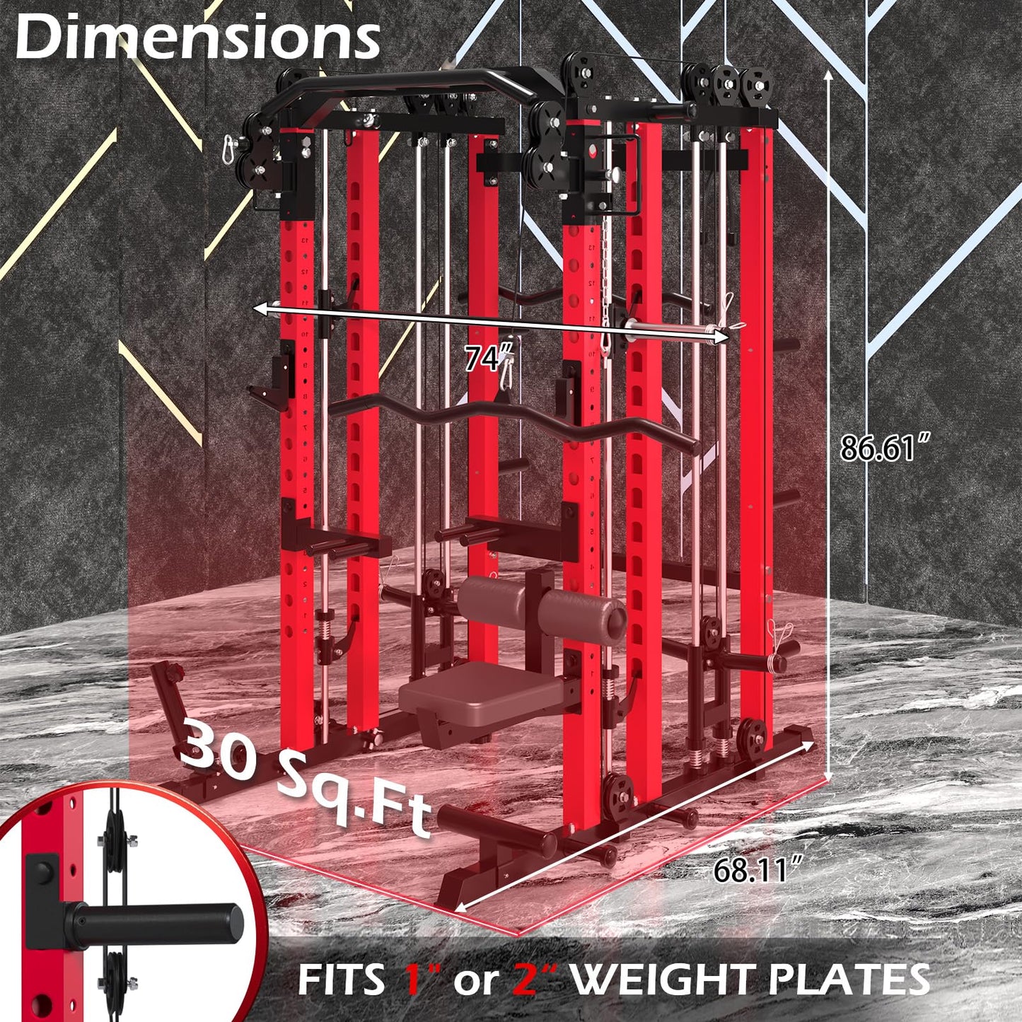 Smith Machine Home Gym with LAT Pulldown, Power Squat Rack Cage 2000lbs All in One Dual Cable Crossover Machine, Strength Training Power Cages with Pulley Workout System, Garage Bench Press