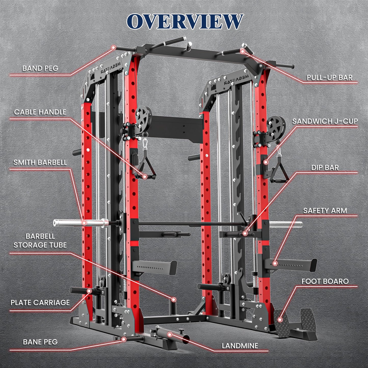 MEGASTAR FITNESS Smith Machine, 2600LBS Squat Rack, 7-in-1 Home Gym Cage with Adjustable Safety Bars, Pull-Up & LAT Pulldown