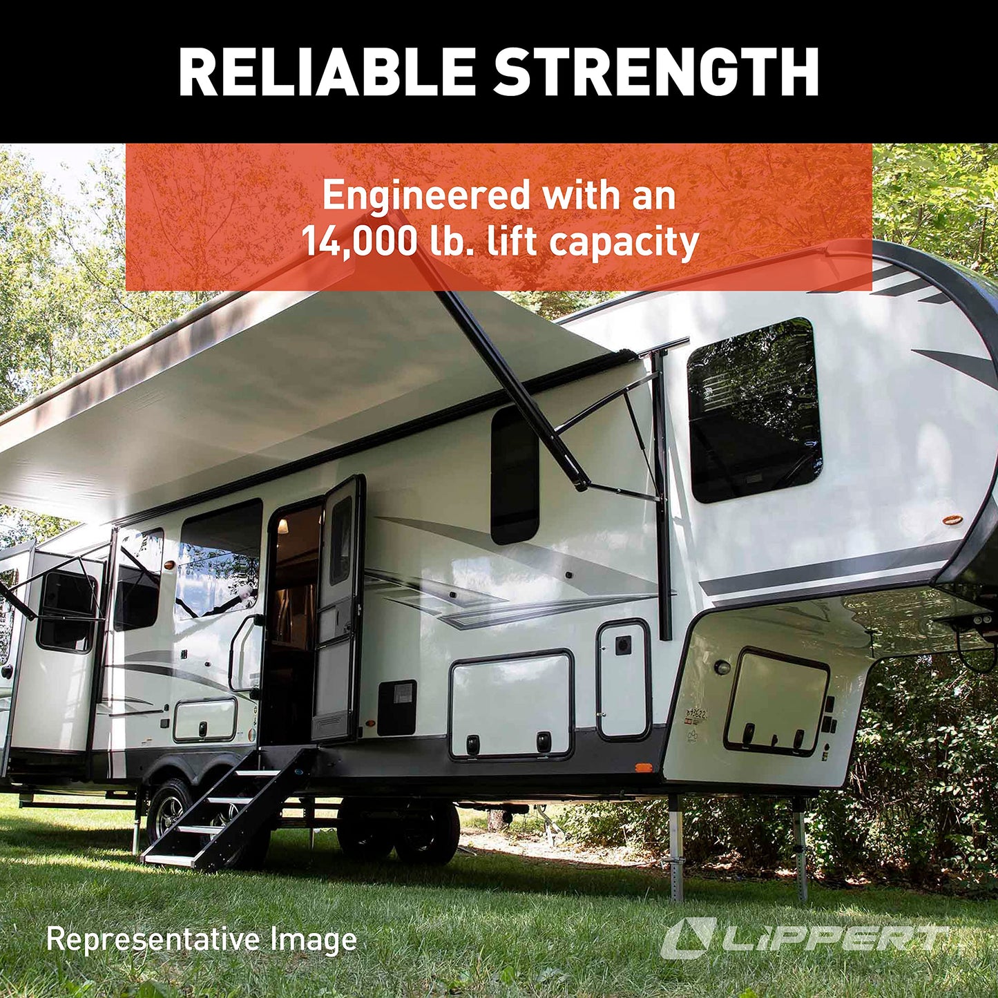 Lippert Level Up Replacement Hydraulic Landing Gear Jack for 5th Wheel RVs and Travel Trailers, 14,000-lbs. Lift Capacity, Aluminum, 9" Diameter Footpad, 27-7/16" Height - 433469