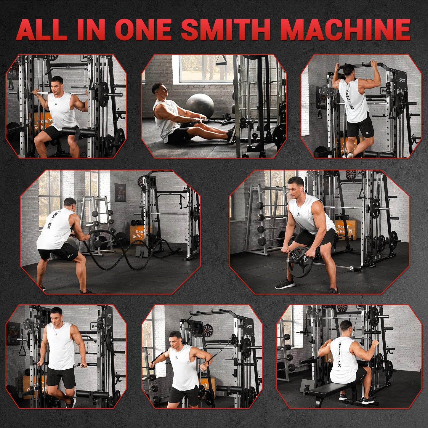 Smith Machine for Home Gym, Multifunctional Strength Training Power Cage with T Bar, LAT-Pull Down System and Cable System, 2200 Lbs Squat Rack with More Training Attachment, Black