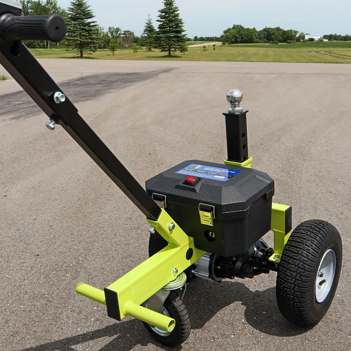 Tow Tuff Electric Trailer Dolly w/ 13" Tires & 8" Swivel Caster Wheel, 3500 lb Capacity, Green - 22" to 28.35" Adjustable Ball Height, 1.5 Mph Speed, Fits 2" Ball Mount, Utility, Boat or Cargo Use