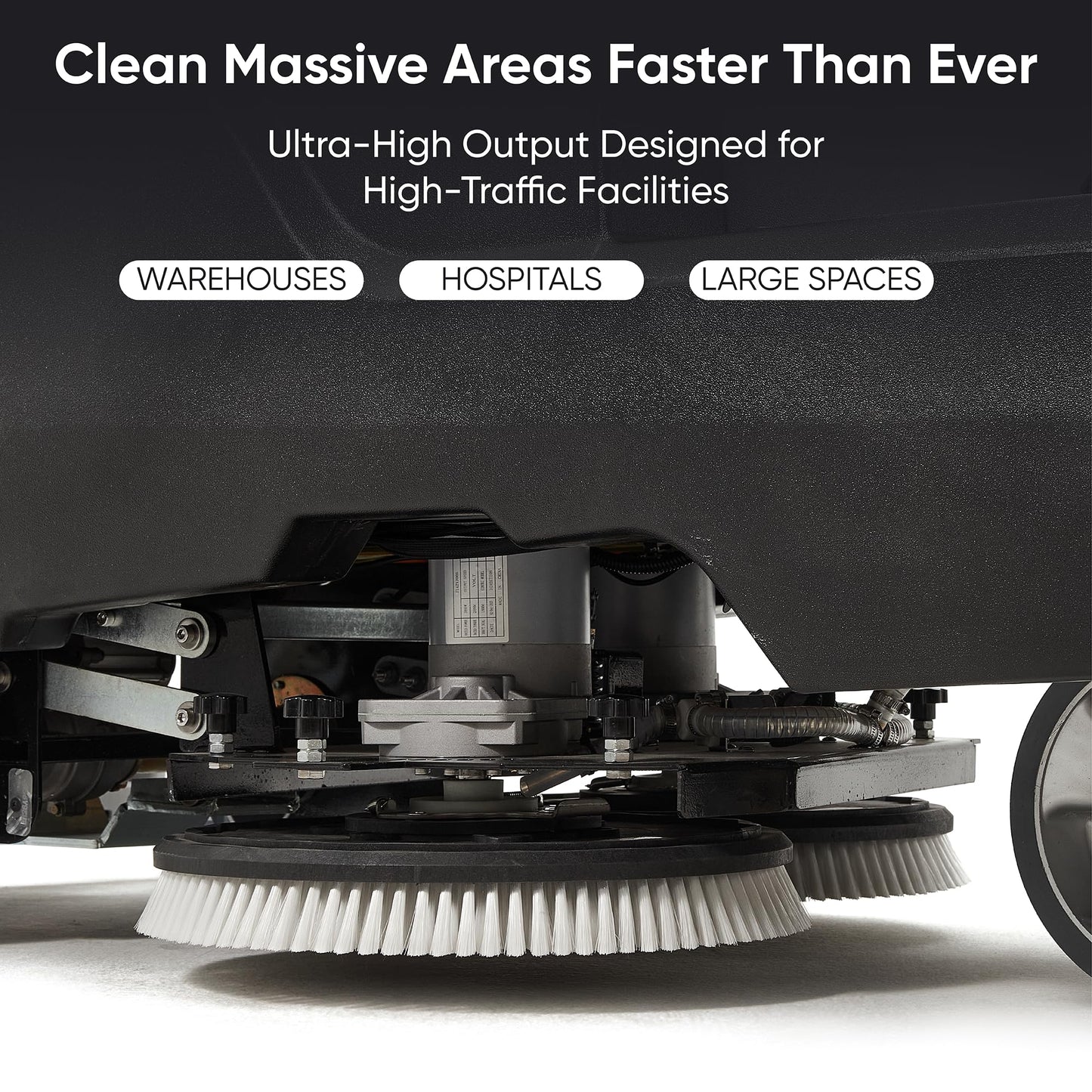 Battery Powered Ride-On Commercial Floor Scrubber Machine, 38" Brush, 48" Squeegee Width, 46 gal Solution Tank, 48 gal Recovery Tank, 5 hr Use 8 hr Charge, 180 RPM, 84,000 Sqft/H, Batteries Included