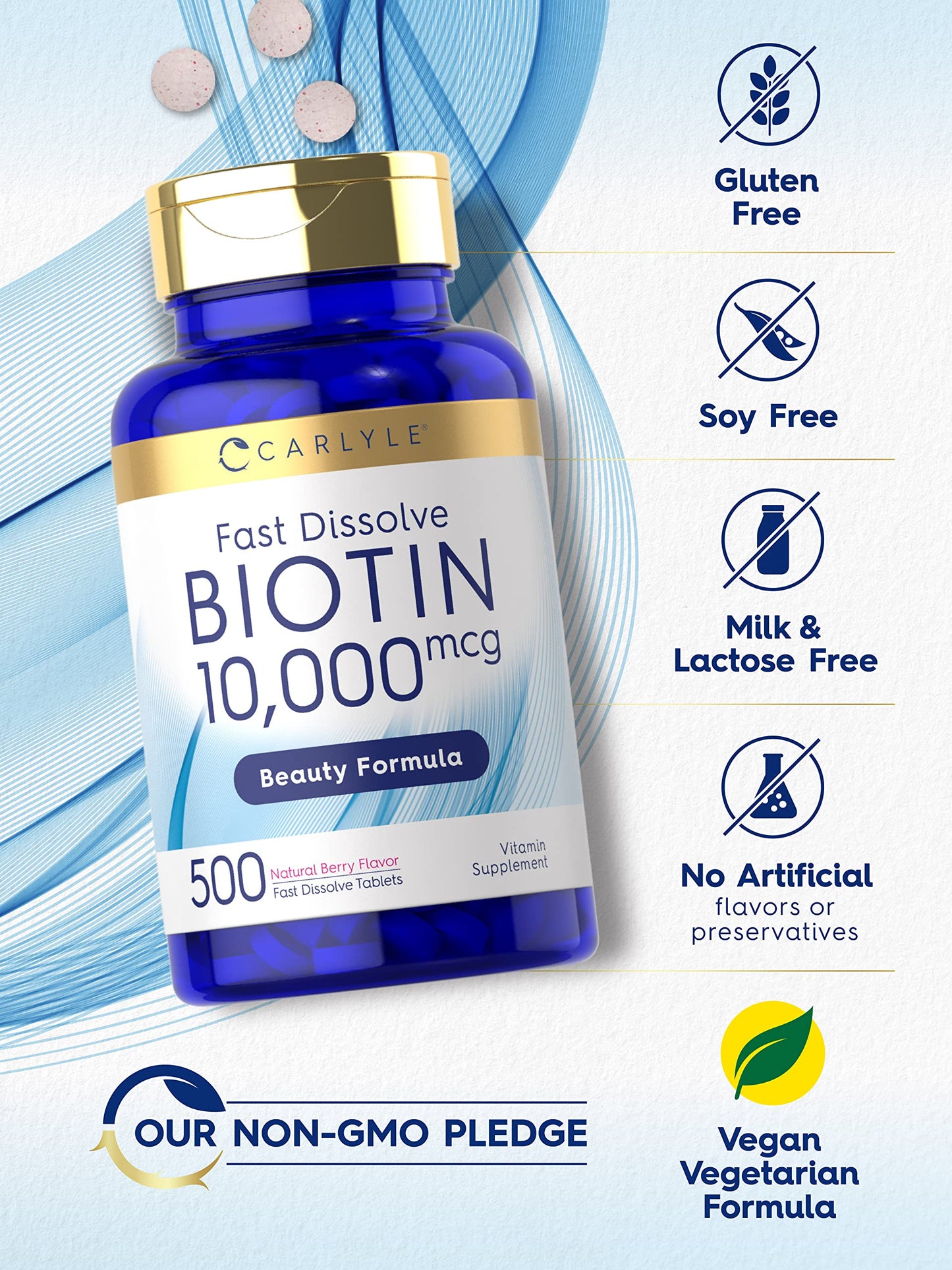 Carlyle Biotin 10,000mcg | 500 Fast Dissolve Tablets | for Hair, Skin, and Nails | Maximum Strength | Vegetarian, Non-GMO, Gluten Free Supplement