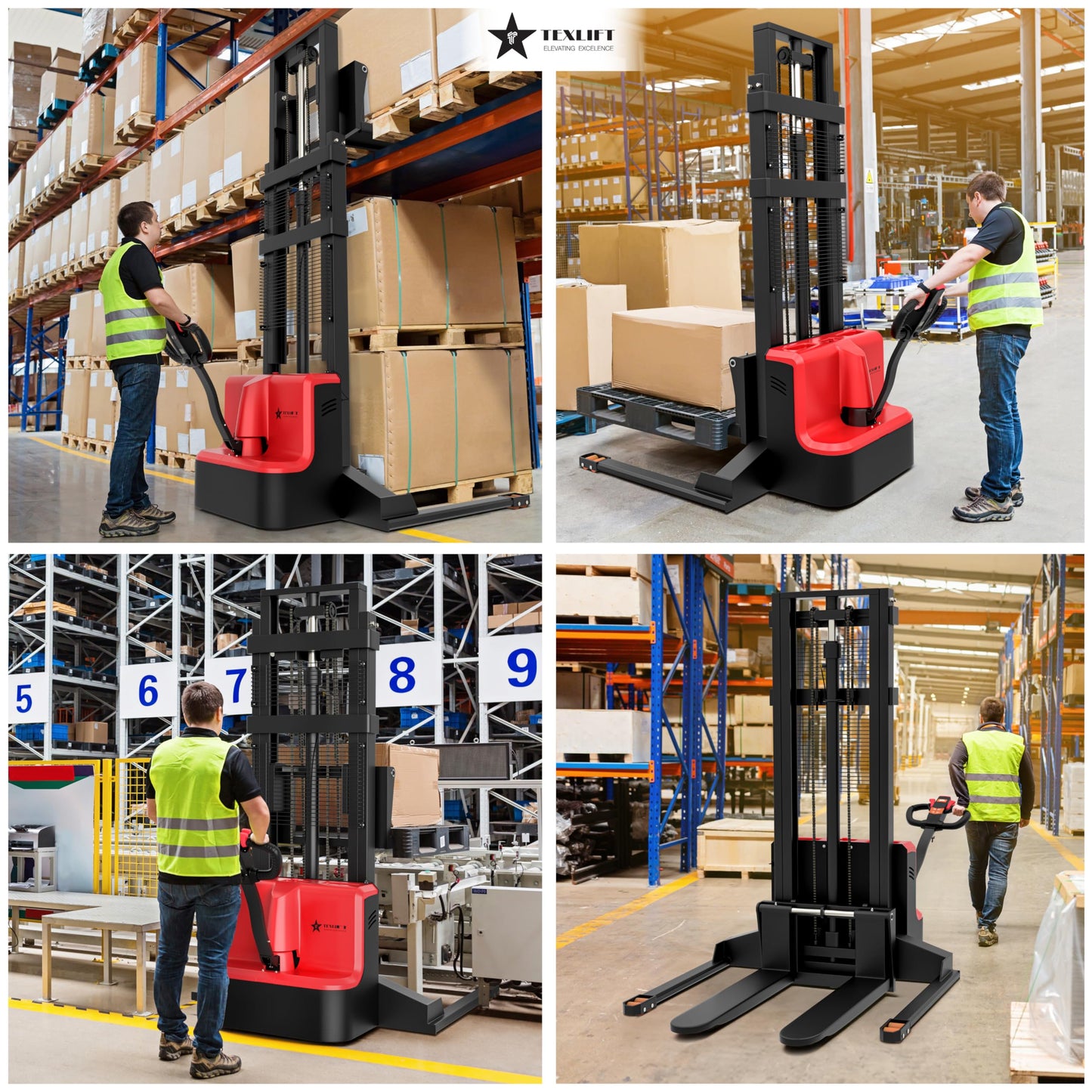 TEXLIFT Full Electric Forklift Walkie Pallet Stacker 3300 Lb Capacity 138 Inch Lifting Height and Full Electric Power Pallet Jack 4400 Lb Capacity 48” L x 27” W Fork Size