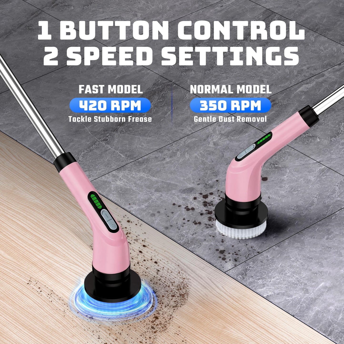 VigorDay Electric Spin Scrubber - Cordless Bathroom Scrubber with 7 Brush Heads - Dual Speed IPX7 Waterproof Power Scrubber for Heavy-Duty Bathtub, Glass, Tile, and Car Cleaning (Pink)