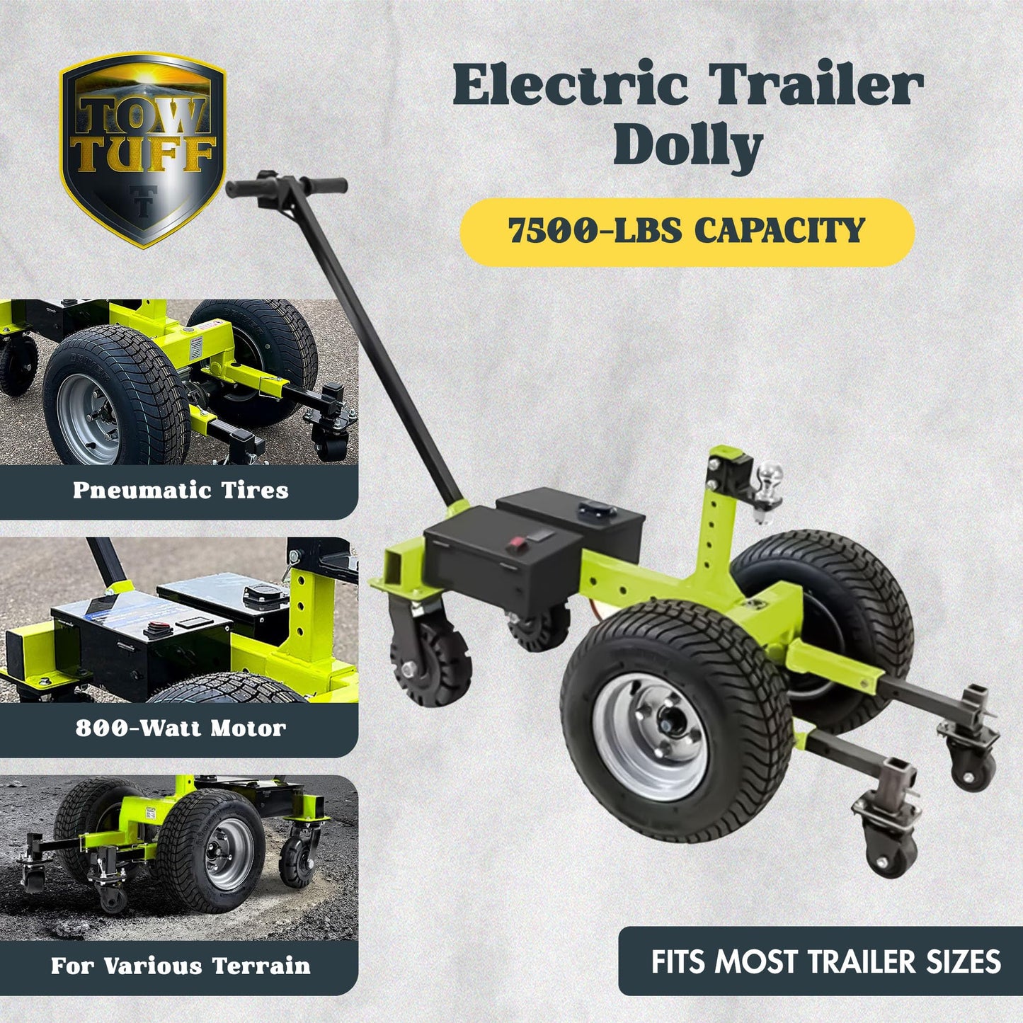 Tow Tuff Electric Trailer Dolly with Adjustable Ball Hitch, 7500 Pound Capacity, Green