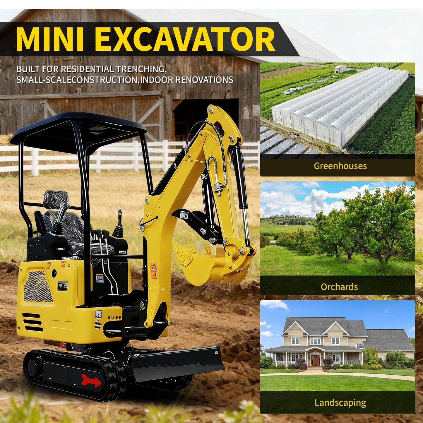 DS-R327, 1.8 Ton KubotaEngine Diesel Mini Excavator,14HP EPA Certified, w/Pilot Controls Side Swing Boom & Crawler Extension, w/12 Months Parts Replacement, Delivery & Unloading Services (2 Yellow)
