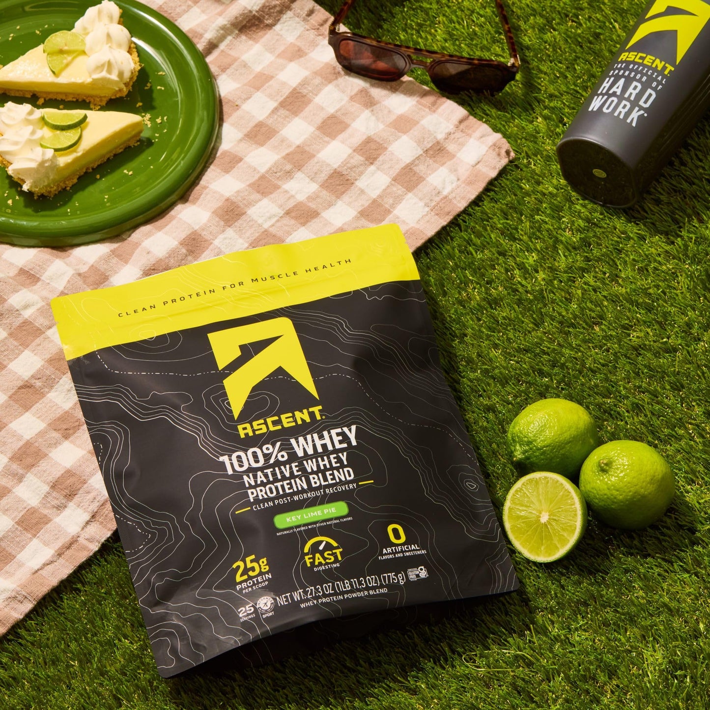 Ascent 100% Whey Protein Powder - Post Workout Whey Protein Isolate, Zero Artificial Flavors & Sweeteners, Gluten Free, 5.5g BCAA, 2.6g Leucine, Essential Amino Acids, Key Lime Pie, 1.7 lb