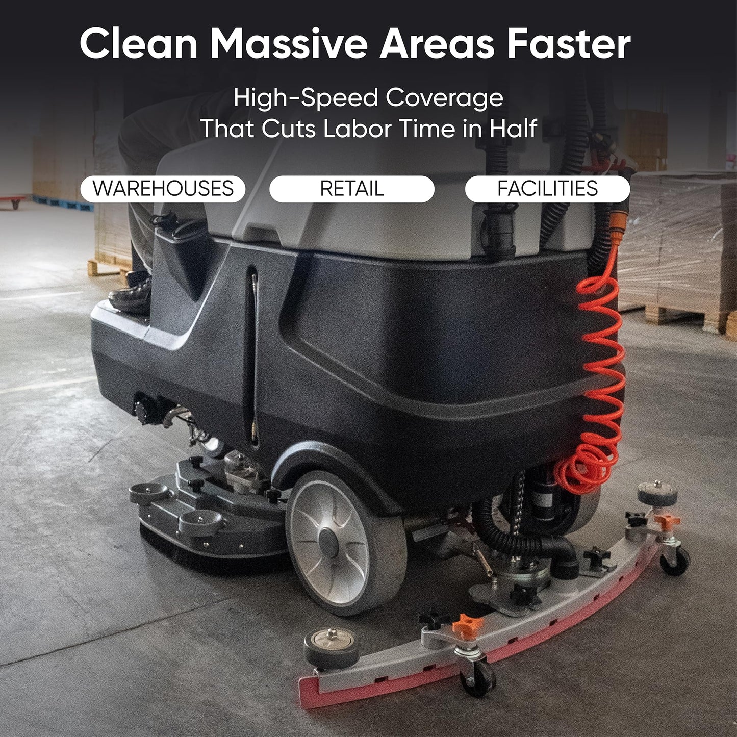 Battery Powered Ride-On Commercial Floor Scrubber Machine, 30" Brush, 39" Squeegee Width, 24 gal Solution Tank, 25 gal Recovery Tank, 5 hr Use 8 hr Charge, 180 RPM, 52,000 Sqft/H, Batteries Included