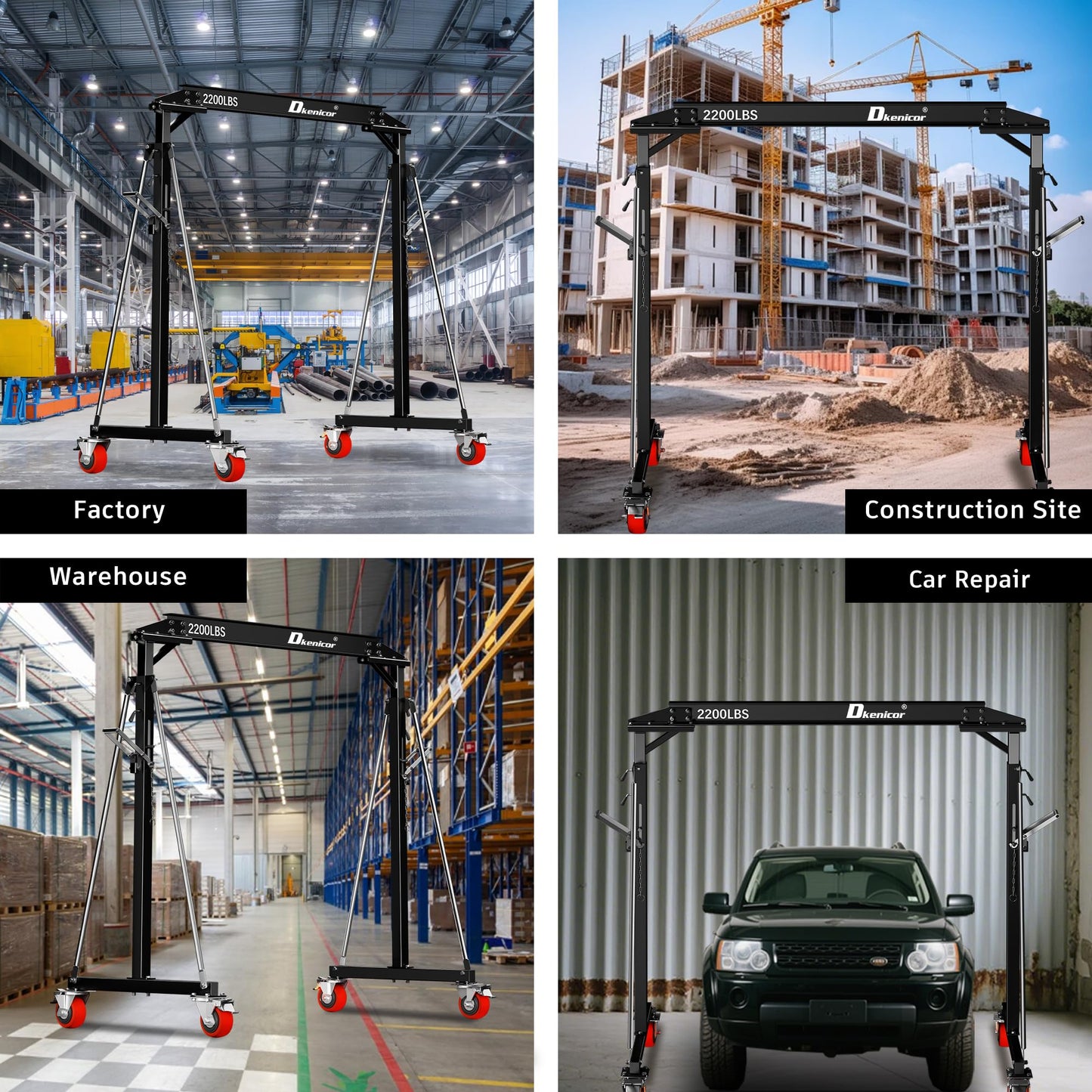 Dkenicor Adjustable Gantry Crane, Max 3000Lbs Adjustable Height 8.57 to 12.14ft, Steel I-Beam Construction Portable Shop Hoist for Factories, Warehouses, Auto Repair, Construction Site, Black