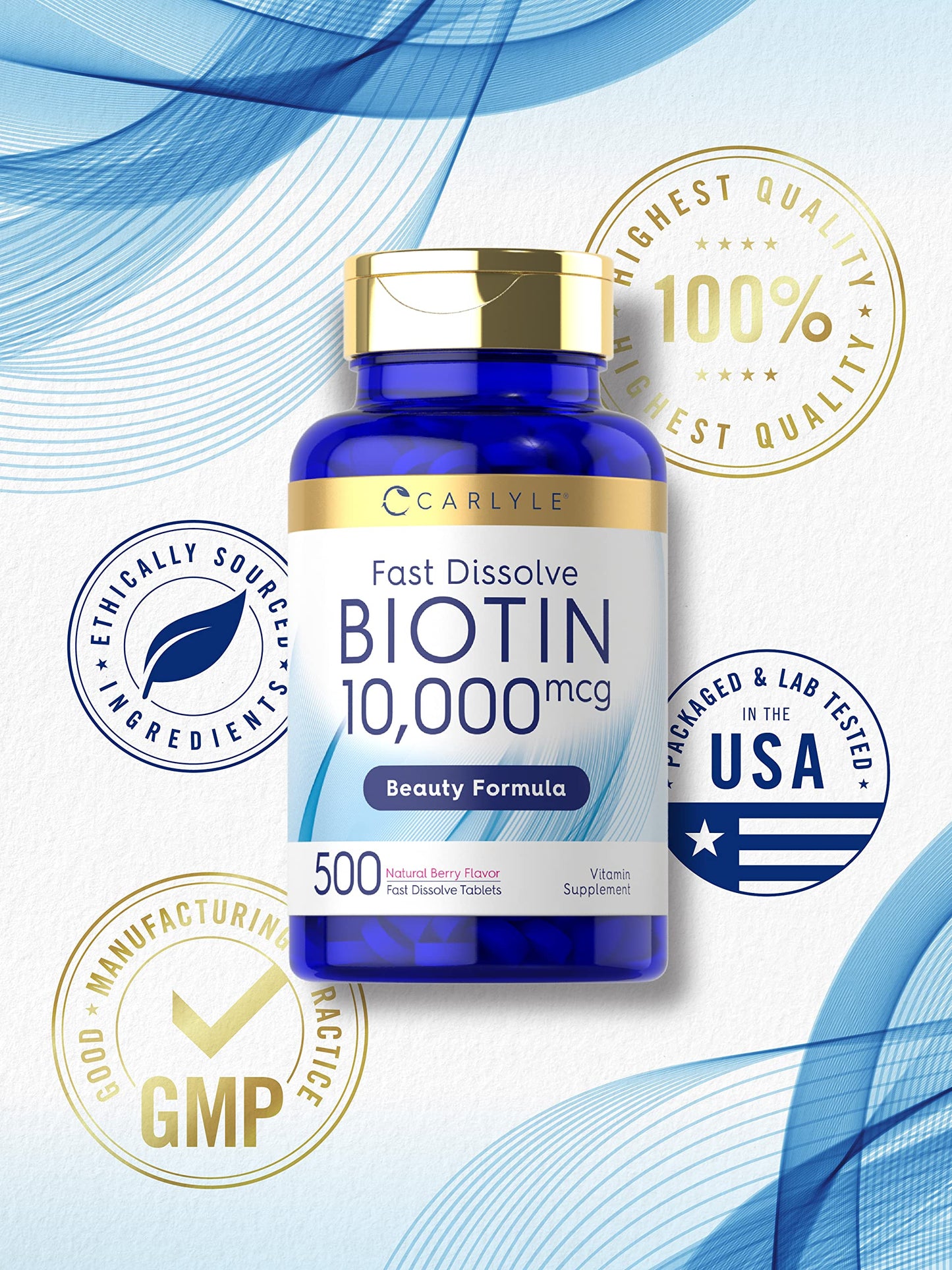 Carlyle Biotin 10,000mcg | 500 Fast Dissolve Tablets | for Hair, Skin, and Nails | Maximum Strength | Vegetarian, Non-GMO, Gluten Free Supplement