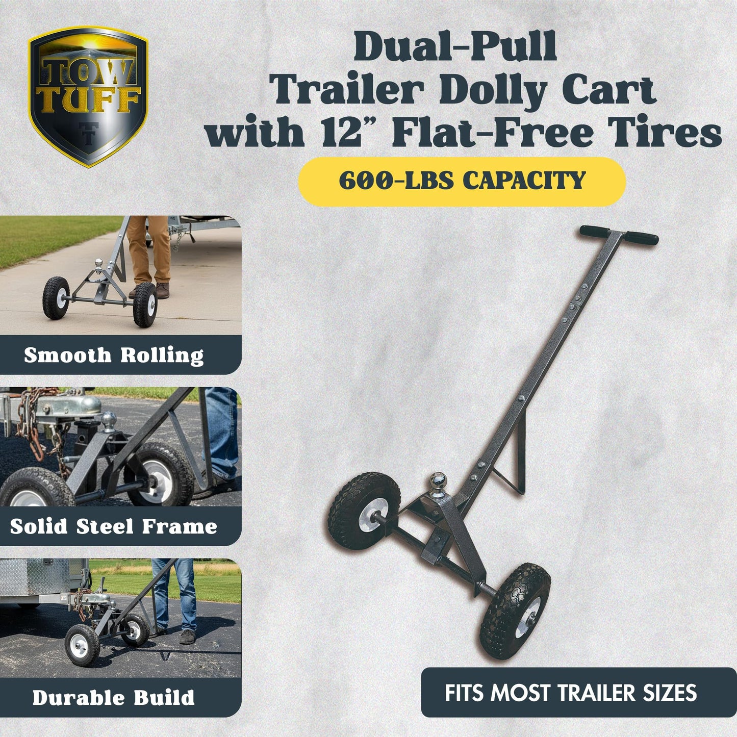 Tow Tuff TMD-600DP Dual-Pull Trailer Dolly Cart, Heavy Duty Steel Hitch Mover with 12 Inch Flat Free Tires for Boat Utility Trailers, Black