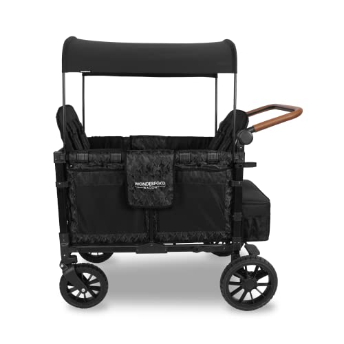 WONDERFOLD W4 Luxe Quad Stroller Wagon Featuring 4 High Face-to-Face Seats with Magnetic Buckle 5-Point Harnesses and Adjustable/Removable UV-Protection Canopy, Black Camo
