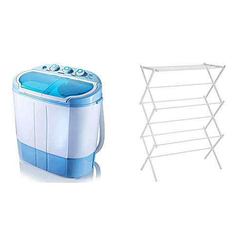 Upgraded Version Pyle Portable Washer & Spin Dryer, Mini Washing Machine, Twin Tubs, Spin Cycle w/Hose, 11lbs. Capacity, 110V & AmazonBasics Foldable Clothes Drying Laundry Rack - White