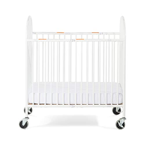 Foundations Pinnacle Folding Steel Crib, Portable Baby Crib with 2 Locking Oversized Casters, Heavy Duty Steel Hotel Crib, Includes 4 Inch Foam Mattress, White