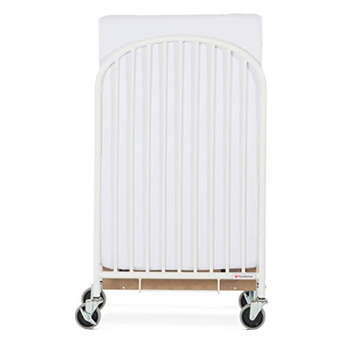 Foundations Pinnacle Folding Steel Crib, Portable Baby Crib with 2 Locking Oversized Casters, Heavy Duty Steel Hotel Crib, Includes 4 Inch Foam Mattress, White