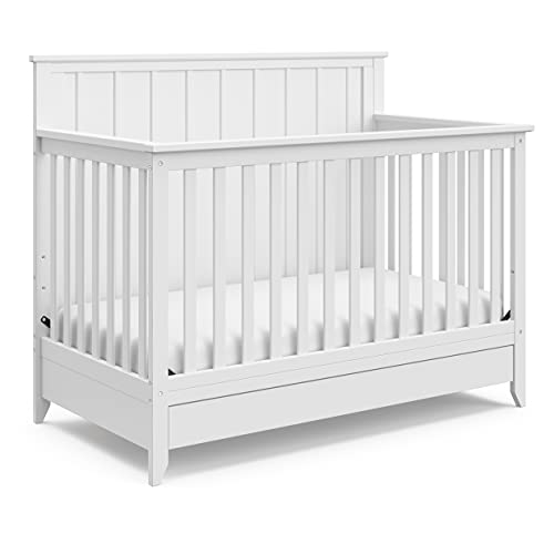 Storkcraft Forrest 5-in-1 Convertible Crib with Drawer (White) – GREENGUARD Gold Certified, Crib with Drawer Combo, Full-Size Nursery Storage Drawer, Converts to Toddler Bed, Daybed and Full-Size Bed