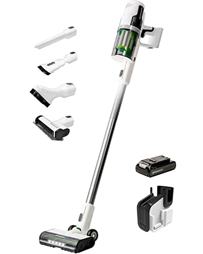 Greenworks 24V Brushless Cordless Stick Vacuum, Lightweight, Handheld, Pet, Anti-Allergen HEPA Filtration, Hard Floor, Carpet, Car, 4Ah Battery, and 30-Minute Charge Time (White)