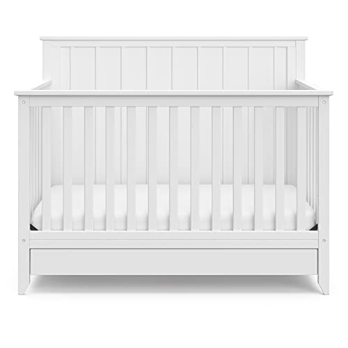 Storkcraft Forrest 5-in-1 Convertible Crib with Drawer (White) – GREENGUARD Gold Certified, Crib with Drawer Combo, Full-Size Nursery Storage Drawer, Converts to Toddler Bed, Daybed and Full-Size Bed