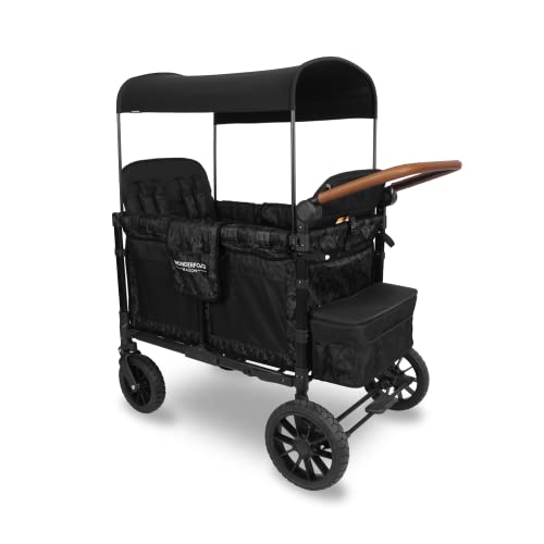 WONDERFOLD W4 Luxe Quad Stroller Wagon Featuring 4 High Face-to-Face Seats with Magnetic Buckle 5-Point Harnesses and Adjustable/Removable UV-Protection Canopy, Black Camo
