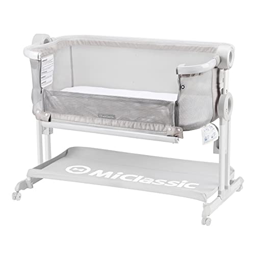 Miclassic Baby Bassinet Bedside Sleeper Crib, Mesh Breathable Net, Portable and Folding Design, Adjustable Height with Storage Basket and Wheels for Newborn, Infant and Baby (Light Grey)