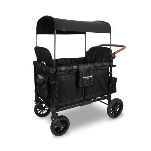 WONDERFOLD W4 Luxe Quad Stroller Wagon Featuring 4 High Face-to-Face Seats with Magnetic Buckle 5-Point Harnesses and Adjustable/Removable UV-Protection Canopy, Black Camo