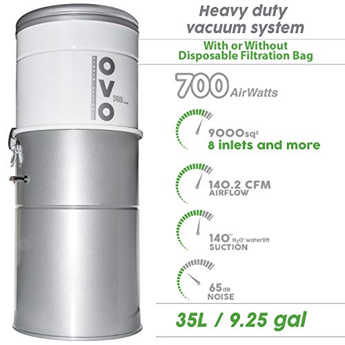 OVO Heavy Duty Powerful Central Vacuum System, Hybrid Filtration (with or Without Disposable Bags) 35L or 9.25Gal, 700 Air watts with 30 ft Carpet Deluxe Accessory Kit, Large Vac, Silver