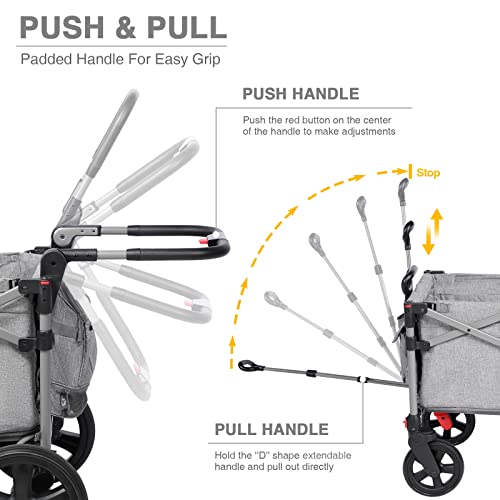 EVER ADVANCED Foldable Wagons for Two Kids & Cargo, Collapsible Folding Stroller with Adjustable Handle Bar,Removable Canopy with 5-Point Harness