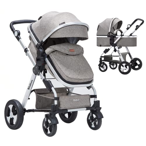 Blahoo Baby Stroller for Newborn, 2 in1 High Landscape Stroller, Foldable Aluminum Alloy Pushchair with Adjustable Backrest.Adjustable Awning, Variable Seat and Recliner（Coffee