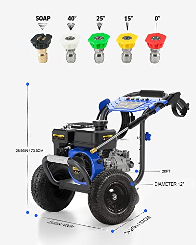 Gas Pressure Washer, ENGiNDOT 3400 PSI / 2.6 GPM Outdoor Power Equipment with 212CC 7.0 OHV Engine, Pressure Washer Includes Soap Tank, 5 QC Nozzles - GPW3400