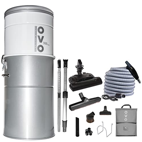 OVO Heavy Duty Powerful Central Vacuum System, Hybrid Filtration (with or Without Disposable Bags) 35L or 9.25Gal, 700 Air watts with 30 ft Carpet Deluxe Accessory Kit, Large Vac, Silver